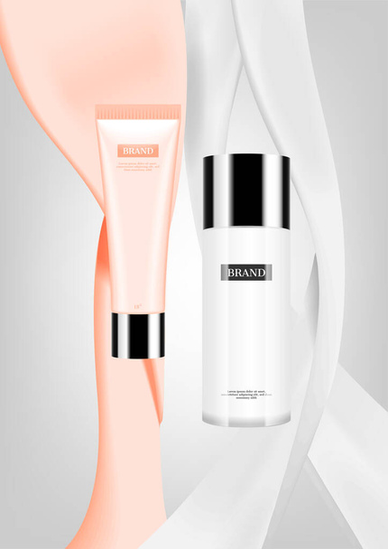 Kozmetikai termékek fehér és világos rózsaszín töltőfolyadékkal - Vektor, kép