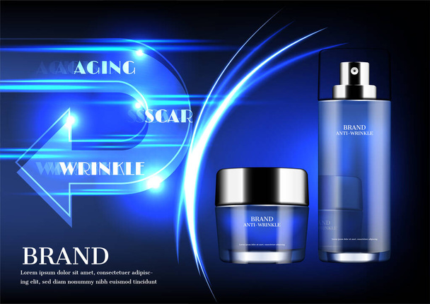 Cosmetic products, returning arrow and barrier on dark blue background concept - Vector, Image