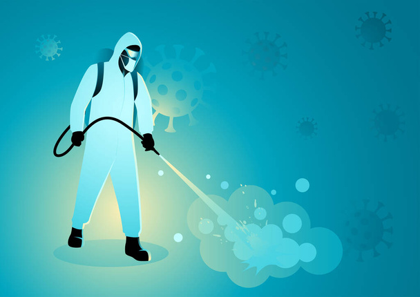 Vector illustration of a man in protective suit spraying disinfectant to cleaning and disinfect virus, Covid-19, Coronavirus, preventive measure - Vector, Image