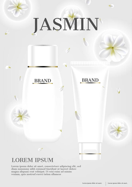 Skin care set with jasmin on white background - Vector, Image