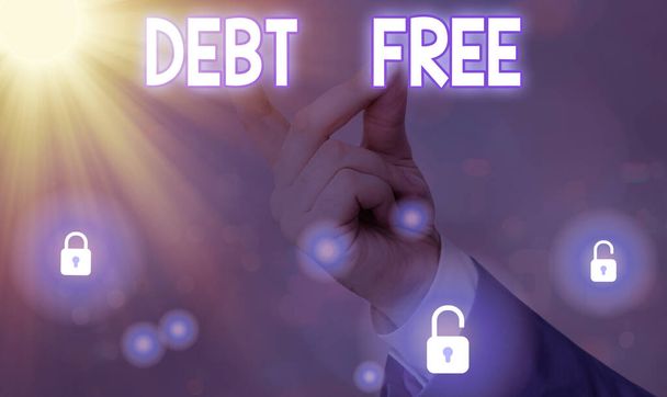 Scrittura concettuale a mano che mostra Debt Free. Testo foto aziendale non possiede alcun denaro a qualsiasi individuo o società
. - Foto, immagini