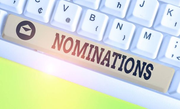 Conceptual hand writing showing Nominations. Business photo showcasing action of nominating or state being nominated for prize. - Photo, Image