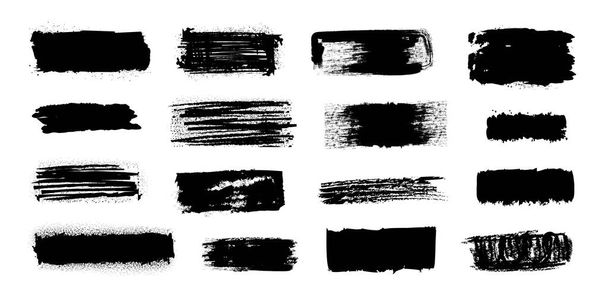 Ink blob brush. Black paint strokes with dirty grunge texture, brush stains splatters and drips. Vector isolated set of watercolor silhouette banners - Vector, Image