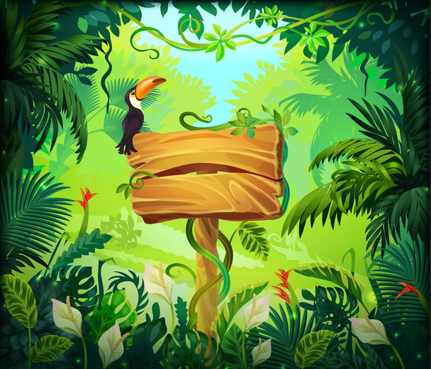 Desenhos animados fundo da selva. Armação da natureza da floresta tropical, tela de jogo com painel de madeira e folhas exóticas verdes. Placa de sinalização
 - Vetor, Imagem