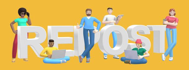 Word repost on yellow background. Group of young multicultural successful people with laptop, tablet, phone. Horizontal banner cartoon character and website slogan. 3D rendering. - Φωτογραφία, εικόνα