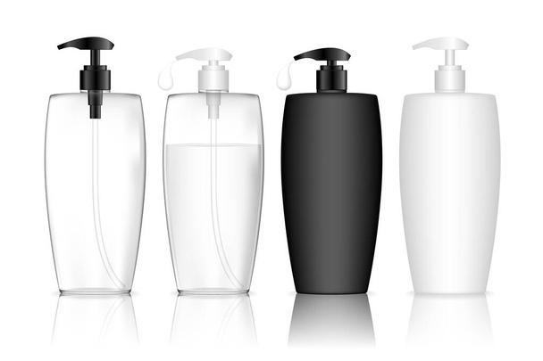 Transparent cosmetic plastic bottle with dispenser pump. Liquid container for gel, lotion, cream, shampoo, bath foam. Beauty product package. Vector illustration. - Vecteur, image