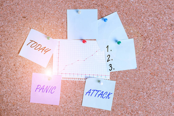 Handwriting text Panic Attack. Concept meaning sudden periods of intense fear that may include palpitations Corkboard color size paper pin thumbtack tack sheet billboard notice board. - Photo, Image