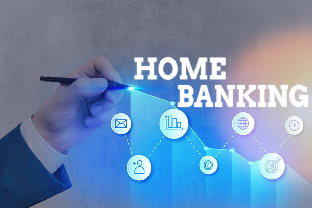 Κείμενο γραφής λέξεων Home Banking. Η επιχειρηματική ιδέα για τις τραπεζικές συναλλαγές πραγματοποιείται απευθείας μέσω τηλεφώνου. - Φωτογραφία, εικόνα