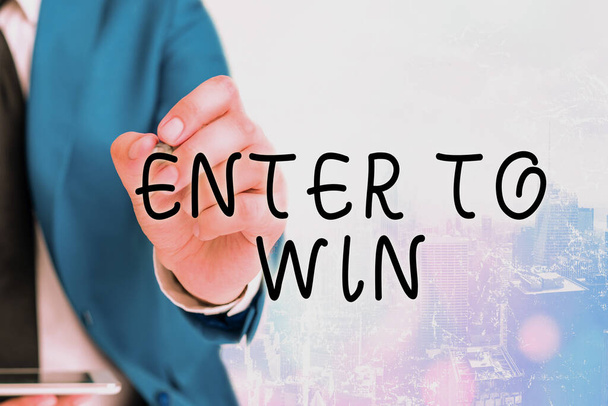 Текст для записи слов Enter To Win. Бизнес-концепция обмена чего-то ценного на выигрышный приз
. - Фото, изображение
