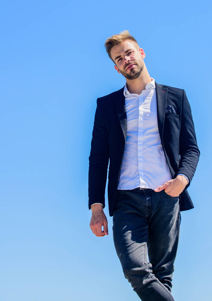 Looking impeccable. Ready to work. Male fashion. Formal style. Confident handsome businessman. Handsome man fashion model. Handsome guy posing in formal suit blue sky background. Office worker - Фото, изображение