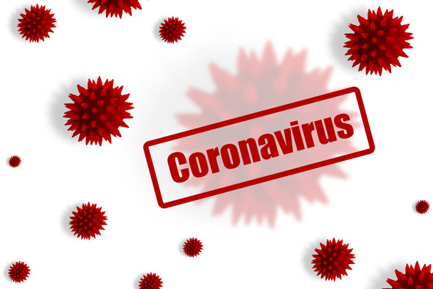 Une bannière publicitaire avec l'inscription coronavirus rouge sur un fond blanc, un signe d'avertissement d'une maladie de Chine, la photo de danger sous la forme de cellules coronavirus rouge couleur agressive
. - Photo, image