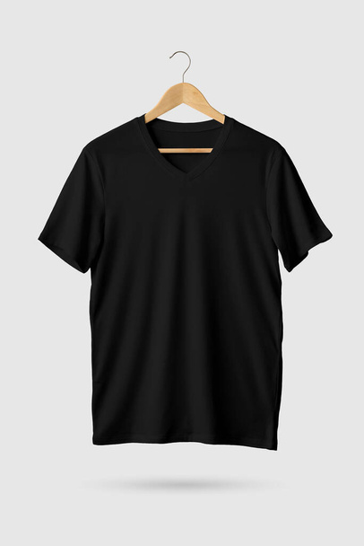 Black V-Neck Shirt Mock-up on wooden hanger, front side view. 3D Rendering. - Photo, Image