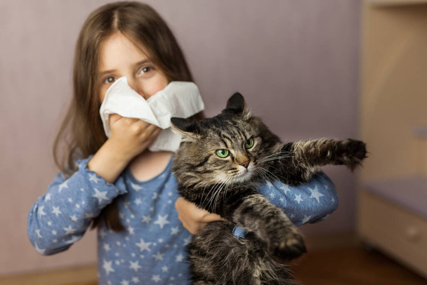 Little girl with a napkin and a cat in the foreground at home. Concept of allergies to cats - Photo, Image