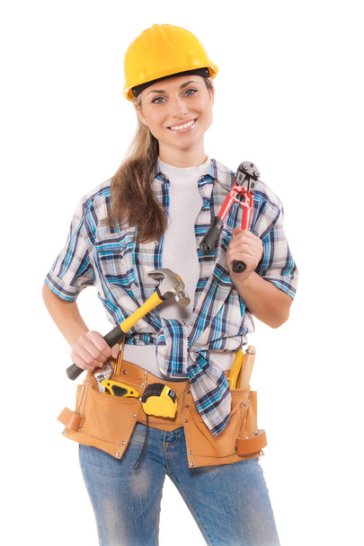 female worker holding tools isolated on white - Photo, image