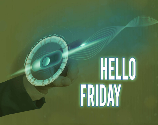 Tekst teken dat Hello Friday weergeeft. Conceptuele foto gebruikt om geluk te uiten vanaf het begin van de frisse week. - Foto, afbeelding