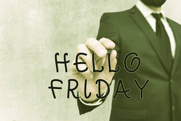Writing note showing Hello Friday. Business photo showcasing used to express happiness from beginning of fresh week. - Foto, immagini