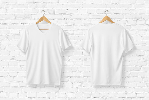 Белая футболка с V-образной шеей на деревянной вешалке, вид спереди и сзади. 3D рендеринг
.  - Фото, изображение