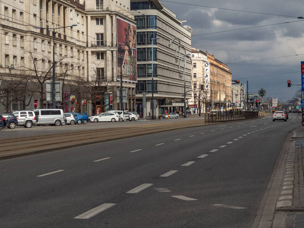 Warsaw/Poland - 21/03/2020 - Streets of capital during coronavirus pandemic, usually very crowded with people or cars, now almost empty. Jerozolimskie Avenue. - Photo, Image