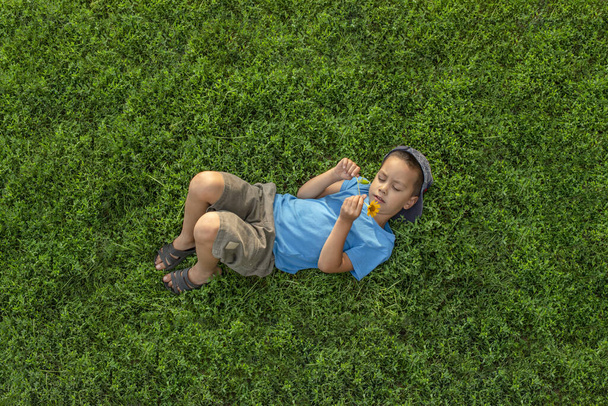 Shot of  little boy wearing blue shirt and shorts lying on the green grass and dreams of something.  Happy childhood - Foto, Imagen