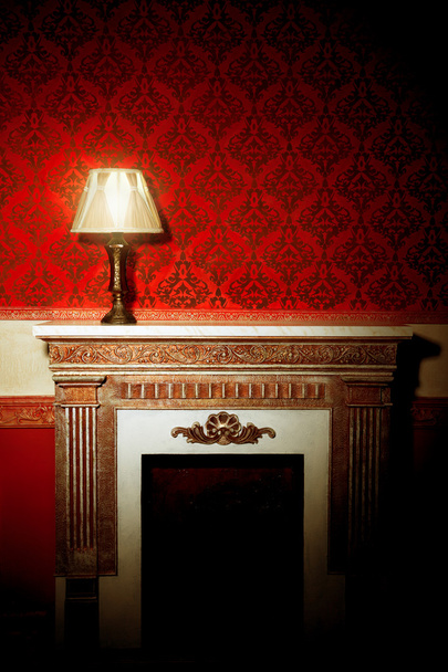 Beautiful vintage interior with lamp on fireplace - Fotoğraf, Görsel