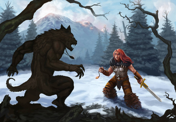 Illustration of werewolf and warrior in a snow covered mountain landscape ready to fight - Digital fantasy painting - Photo, Image