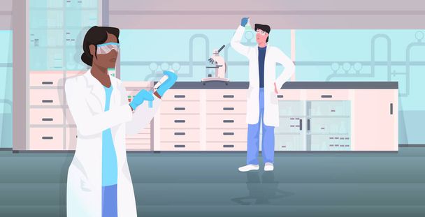scientists couple holding test tubes working in medical lab mix race man woman researchers in white coats making chemical experiment modern laboratory interior horizontal - Вектор, зображення