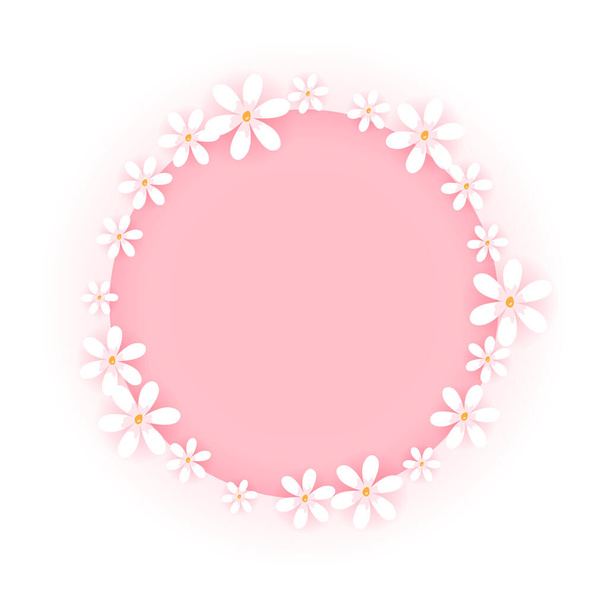 Sweet flower frame isolated on white background. Pink circle badge with cute white floral border. Vector illustration. - Vector, Imagen