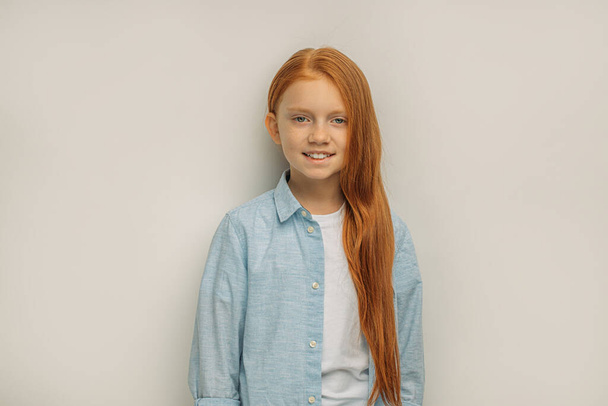 portrait of cheerful positive red haired girl isolated - Φωτογραφία, εικόνα
