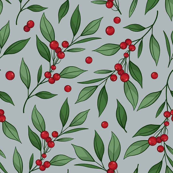 Floral seamless pattern with branches, leaves, berries on grey background. Vector illustration. Design for fabrics, wallpapers, textiles, web design. - Vecteur, image