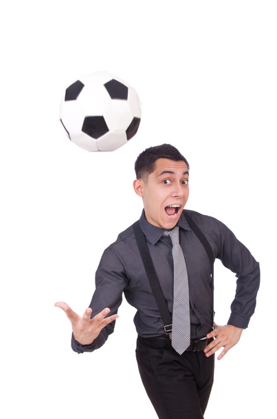 Забавна людина з футболом ізольована на білому
 - Фото, зображення