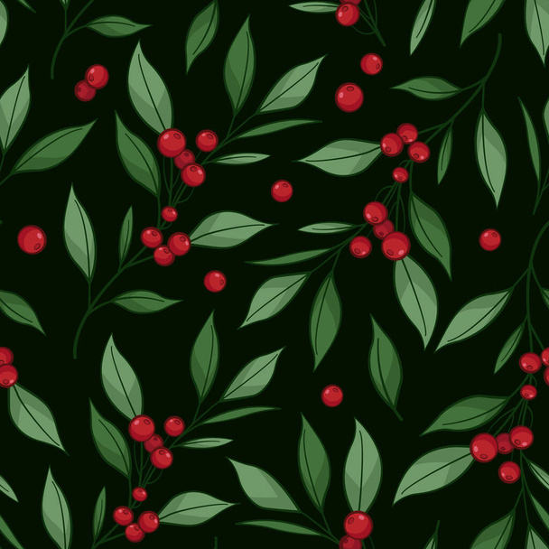 Floral seamless pattern with branches, leaves, berries on black background. Vector illustration. Design for fabrics, wallpapers, textiles, web design. - Вектор,изображение
