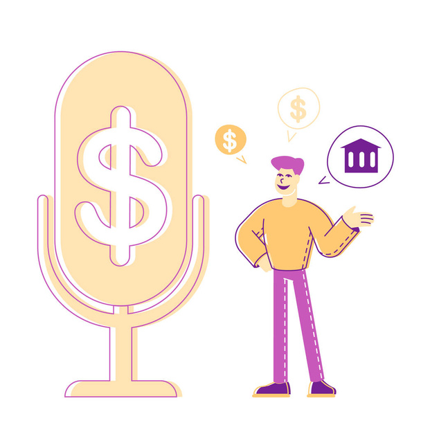 Money Talks και Financial Radio ή Τηλεοπτικό Πρόγραμμα Broadcasting. Banker Financier Male Character Stand at Τεράστια Μικρόφωνο με Dollar Sign Μιλώντας για Τραπεζικό Σύστημα, Οικονομικών. Γραμμική διανυσματική απεικόνιση - Διάνυσμα, εικόνα