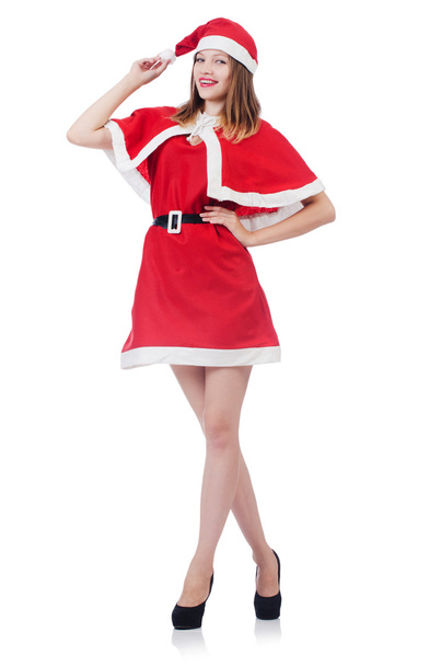 Beyaz üzerine kırmızı Noel Baba kostümü giymiş genç bir kadın. - Fotoğraf, Görsel