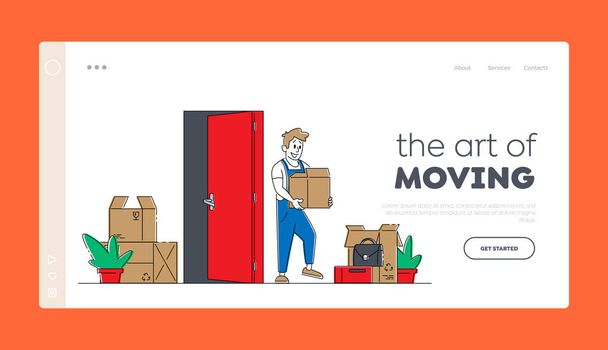 Relocation and Moving into New House Landing Page Template. Worker Male Character Carry Cardboard Box to Apartment. Professional Delivery Shipping Company Loader Service. Linear Vector Illustration - Vector, Image