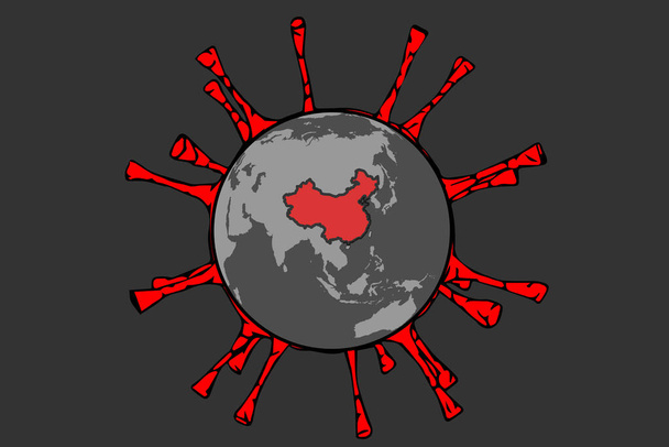 Vektorillustration des Planeten Erde mit Illustration roter Virus auf dunklem Hintergrund - Vektor, Bild