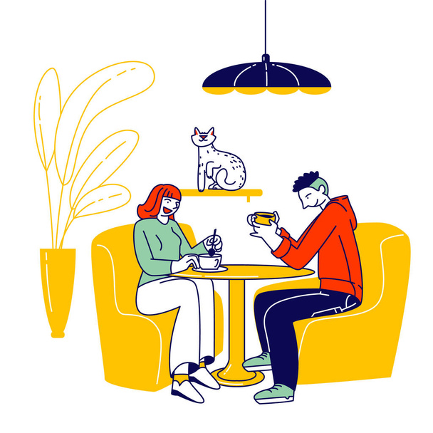 Giovani che visitano Cat Cafe, concetto di ospitalità. Maschio personaggi femminili sedersi ai tavoli bere bevande e comunicare in ristorante moderno interno con animali domestici gattino. Illustrazione vettoriale lineare
 - Vettoriali, immagini