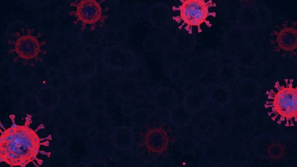 Vírus, células virais ao microscópio, flutuando em fluido com fundo azul escuro. Surto de patógenos bactéria e vírus, doença causando microrganismos. COVID-19. Coronavírus. 3D looped animação
 - Filmagem, Vídeo