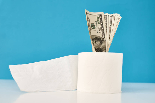 Panic buying Covid-19 Coronavirus outbreak concept. Roll of toilet paper with usd dollar bills on blue background.  - Photo, image