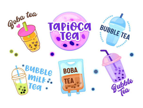 Set of Different Types of Bubble Tea in Plastic Takeaway Cups Icons Isolated on White Background. Asian Tapioca Drink, Boba and Milk Tea in Mugs and Dropper Bag, Cartoon Vector Illustration, Clip Art - Vector, Image