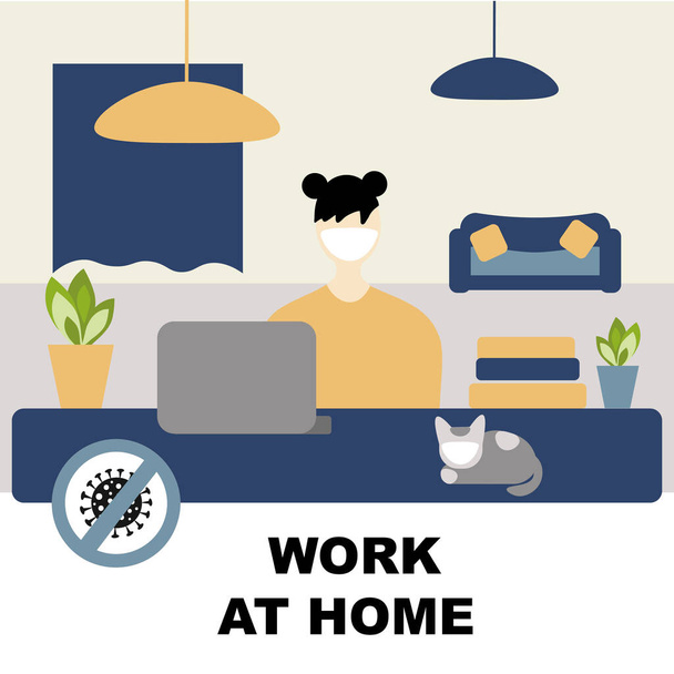 Koronavirus práce doma koncept, Zavírací kanceláře, továrny a průmysl, karanténní koronavirus 2019-nCoV, covid-19, dívka v bílé lékařské masky doma - Vektor, obrázek