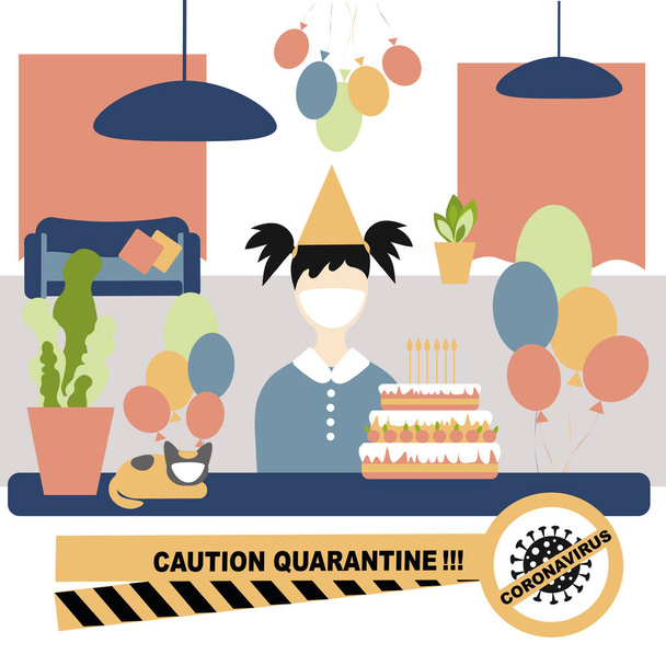 Little girl at the table wearing a protective mask with cake and balloons, Birthday alone.  Coronavirus protection, Canceling a birthday party for quarantining the coronavirus concept.  - Vector, Image