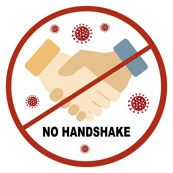 Coronavirus, Covid-19 kein Handshake rotes Zeichen. Handshake-Bild, ein Virus fliegt herum - Vektor, Bild