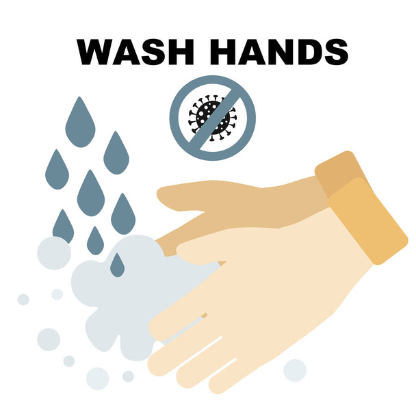 Coronavirus, covid-19 pese kädet käsite. Mies pesee kätensä perusteellisesti pesuaineella, pyyhkii pois koronoviruksen merkin
. - Vektori, kuva