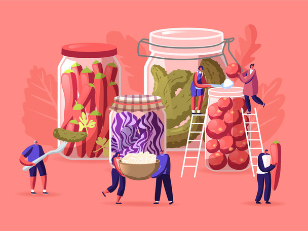 Malutkie męskie i żeńskie postacie gotować i jeść marynowane ogórki, Różnorodność Zachowanie słoiki. Domowej roboty ogórki, papryka chili, pomidory i czerwona kapusta Fermented Food. Ilustracja wektor ludzi z kreskówek - Wektor, obraz