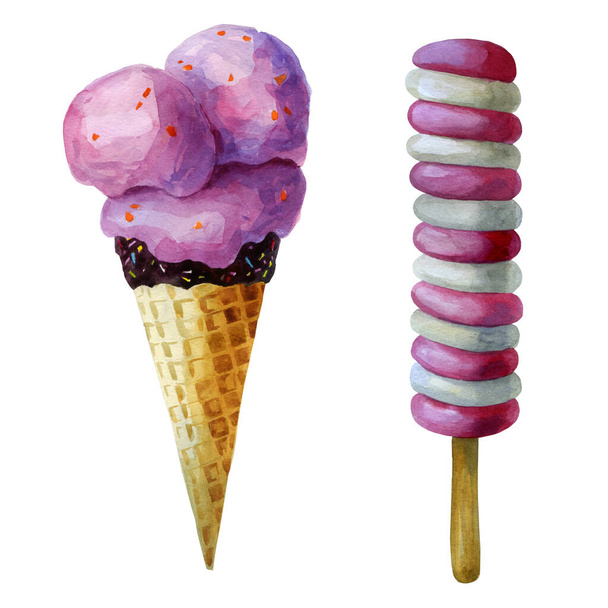 Watercolor illustration, ice cream. Balls of pink ice cream in a waffle cone. Ice cream on a stick, fruit ice, Pink and white, Summer image - 写真・画像