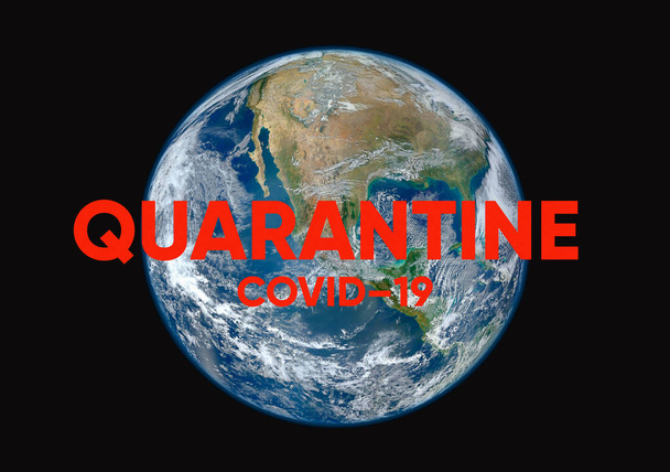 Coronavirus globaler Ausbruch und Pandemie, COVID 19 Quarantäne-Illustration mit Planet Erde vom Kosmos aus gesehen und roter Text - Foto, Bild