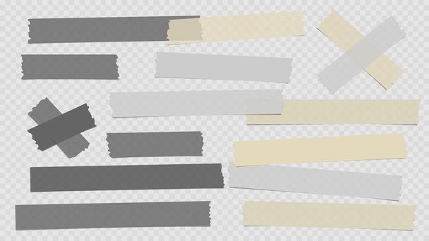 Žluté a šedé různé velikosti lepidlo, lepicí, maskovací páska, papírové kousky jsou na bílém čtvercovém pozadí - Vektor, obrázek