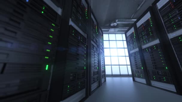 Повільний знімок серверних блоків у центрі обробки даних хмарних сервісів, що показує мерехтливі світлові індикатори для масивної пропускної здатності з'єднання даних, крупним планом
. - Кадри, відео