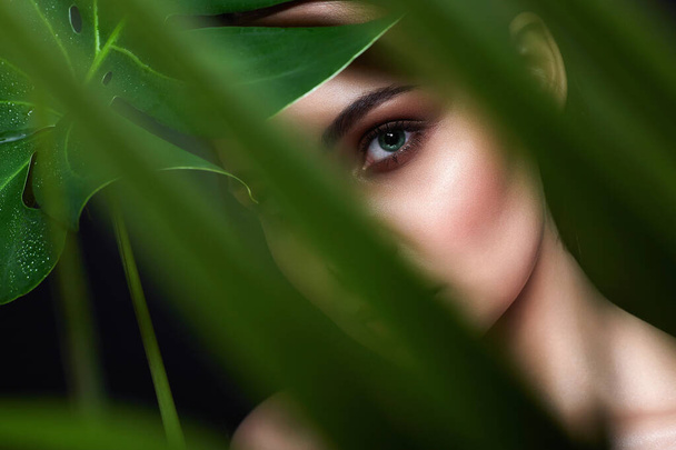 beautiful girl behind the palm. Beautiful young woman with Make-up. Beauty Portrait. Natural cosmetics - Foto, Imagem