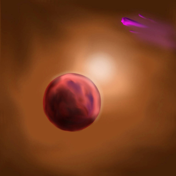 Selbstgemaltes digitales Gemälde von rotem Planeten, rosa Kometen und orangefarbenem Nebel. - Foto, Bild